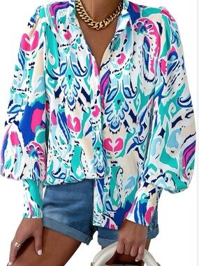 BTFBM Printed Puff-Sleeve Blouse - Blue Teal Pink XL